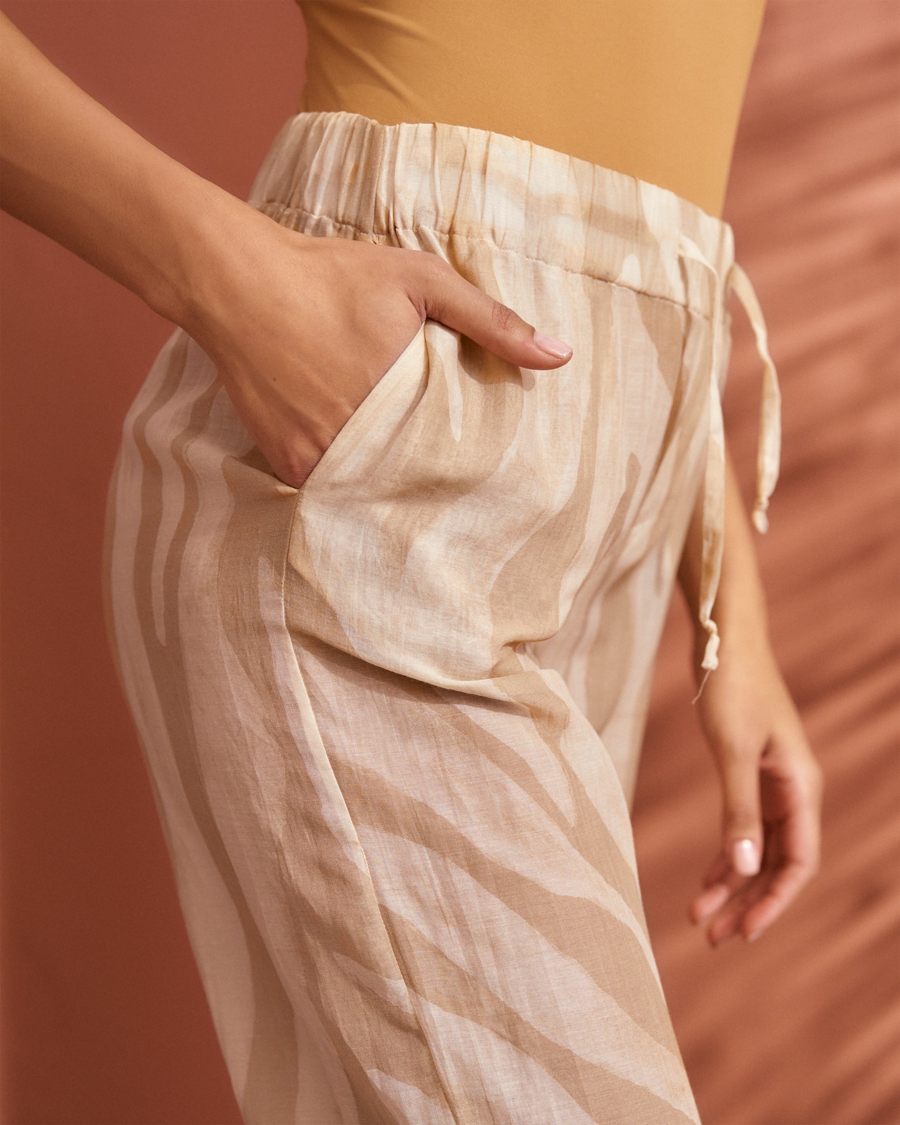 Printed Cotton Silk Voile Belem Trousers - Elasticated Waistband - Beige Off White Maxi Zebra