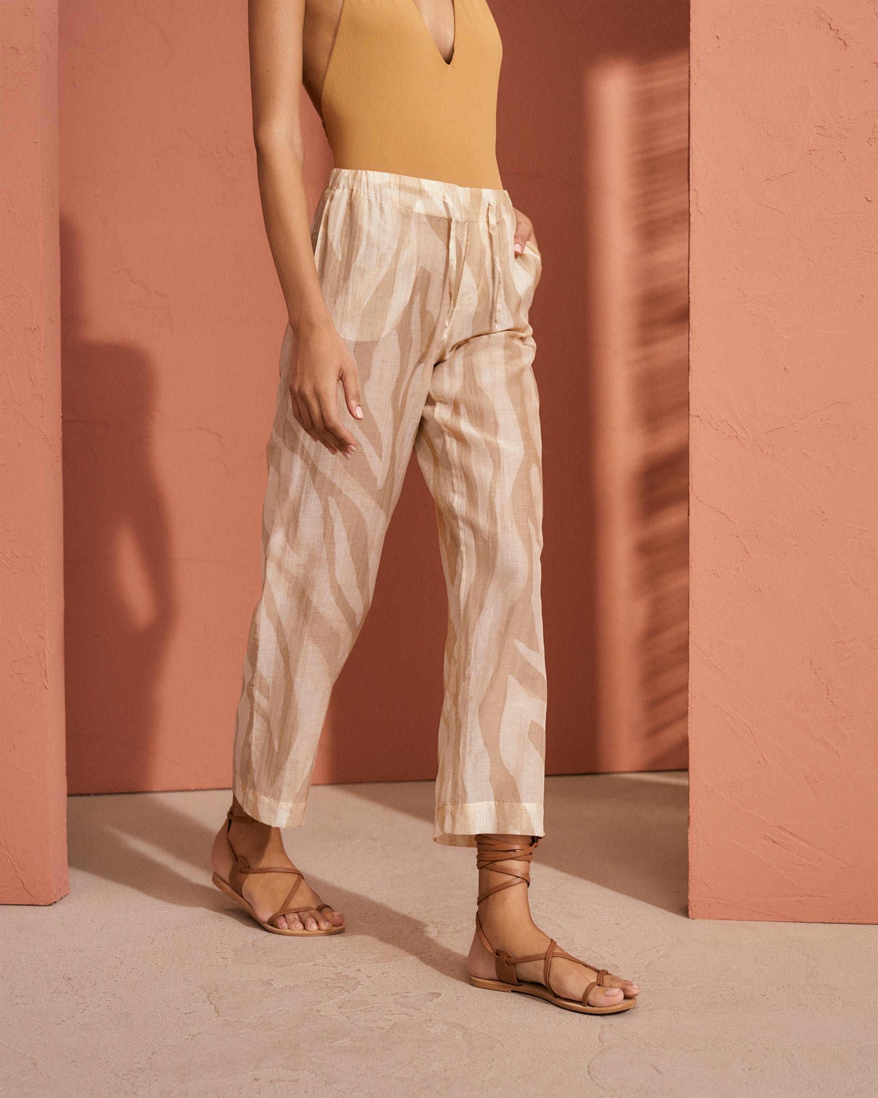 Printed Cotton Silk Voile Belem Trousers - Elasticated Waistband - Beige Off White Maxi Zebra