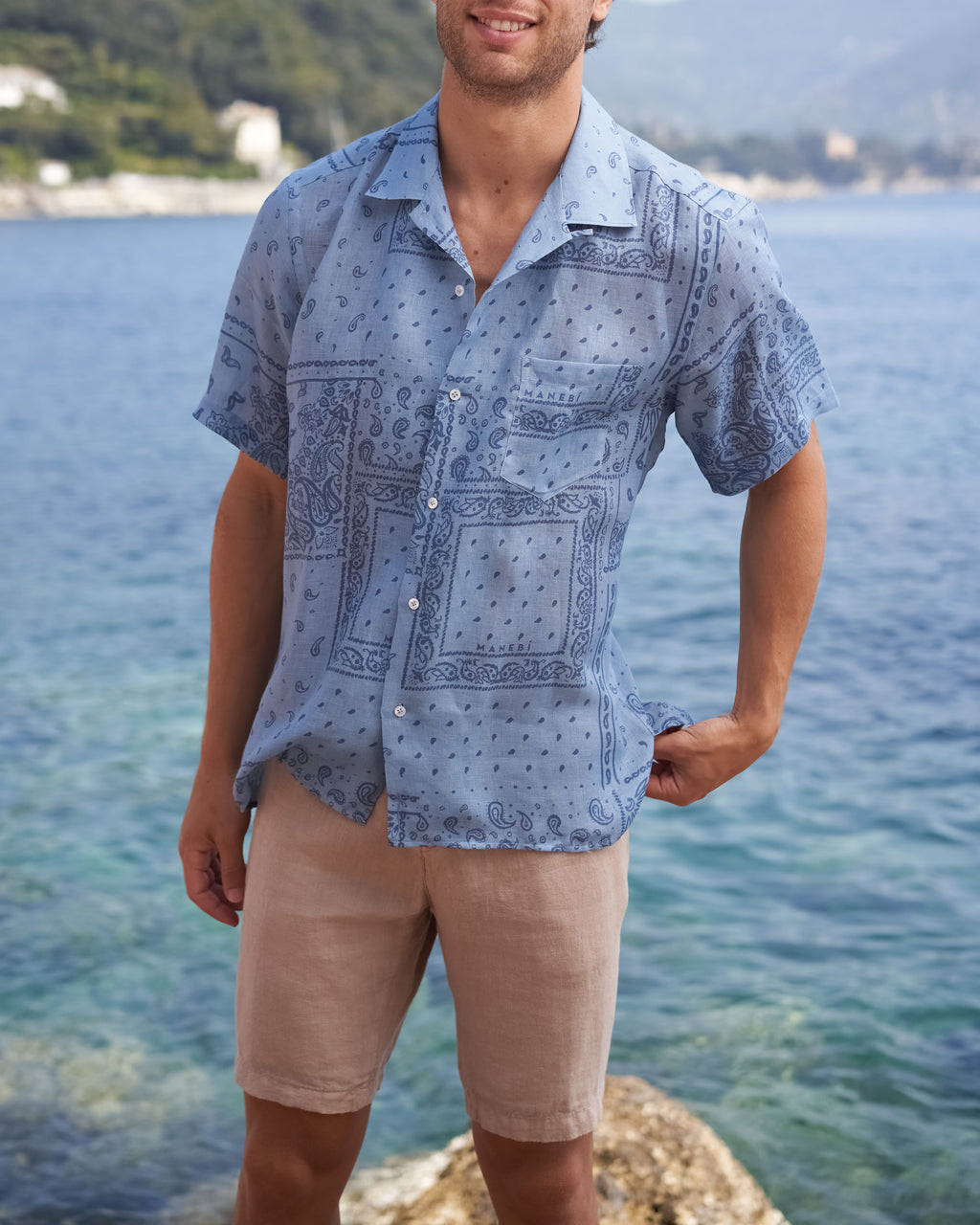 Manebí  Havana Camp-Collar Shirt - Linen - Indigo Avio Bandana