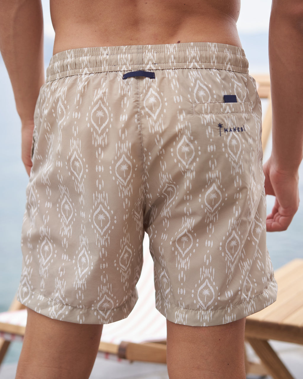 Swim Shorts - Beige Ikat With Palm
