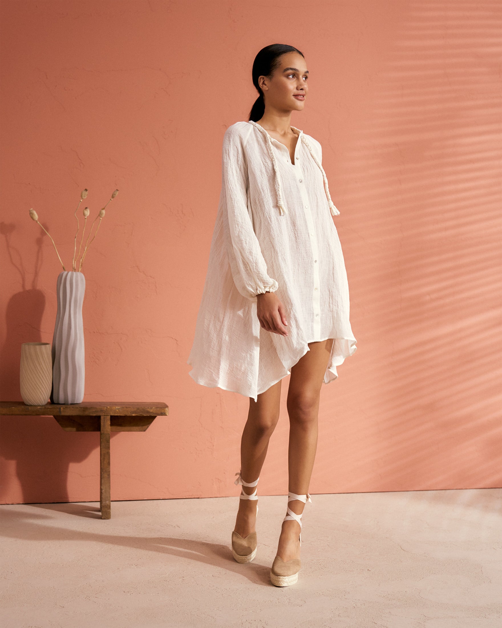 Ibiza - Linen Gauze - Braided Mini Dress - White