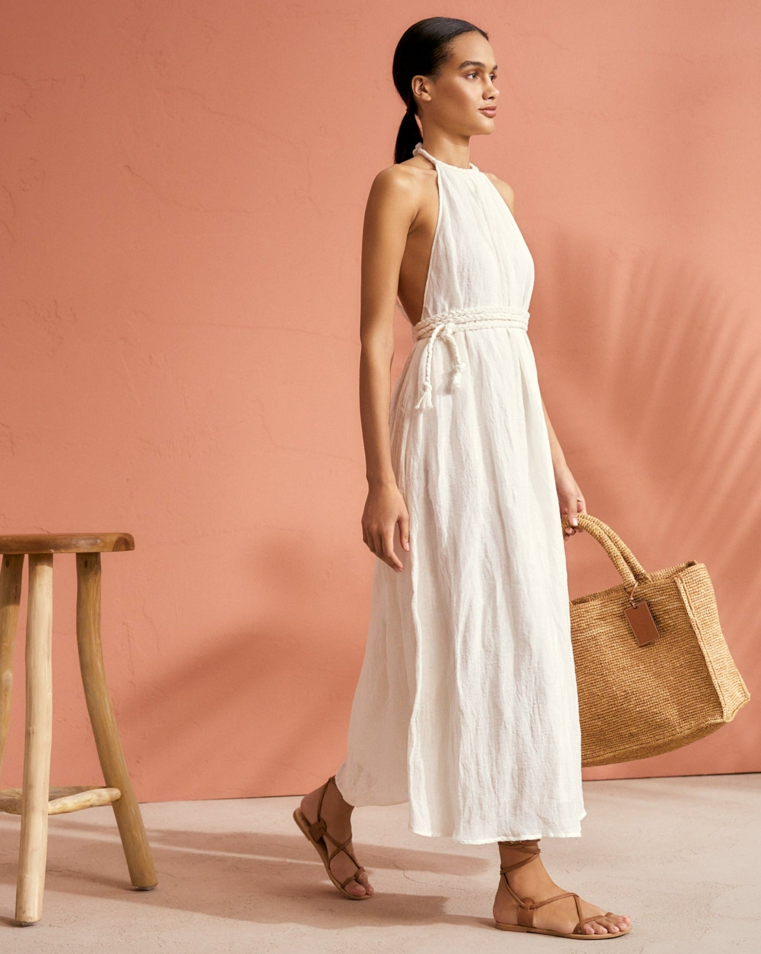 Tulum - Linen Gauze - Braided Halterneck Maxi Dress - White