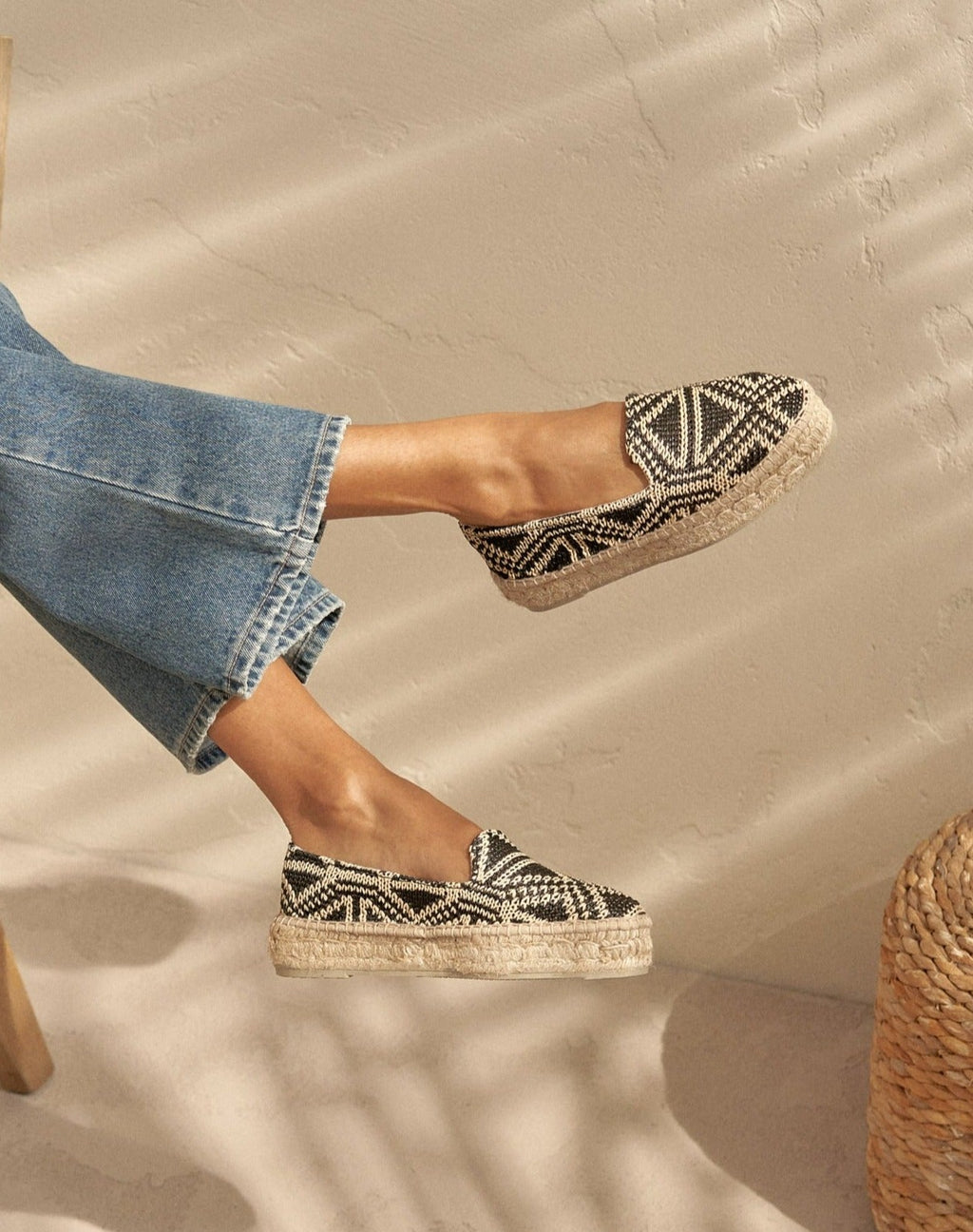 Raffia Pattern Double Sole Espadrilles - Black Triangles On Natural