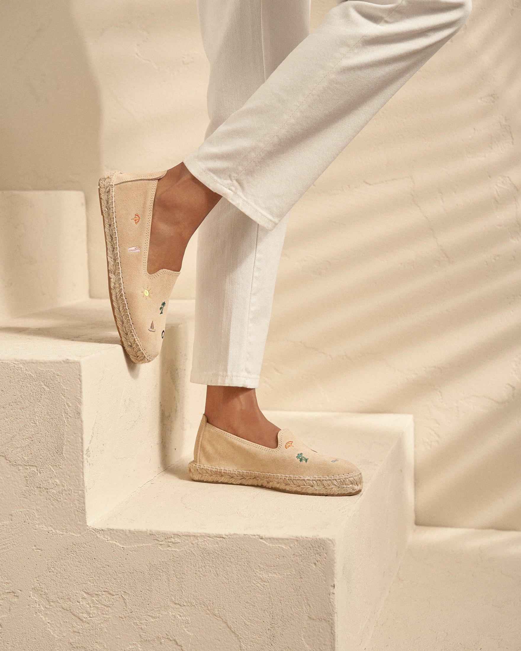 Suede With Embroidery Flat Espadrilles - Champagne Beige & Multicolor Summer Stickers