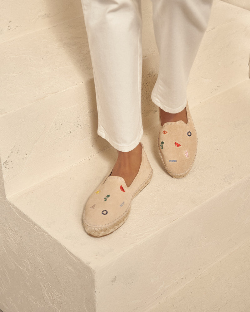 Suede With Embroidery Flat Espadrilles - Champagne Beige & Multicolor Summer Stickers