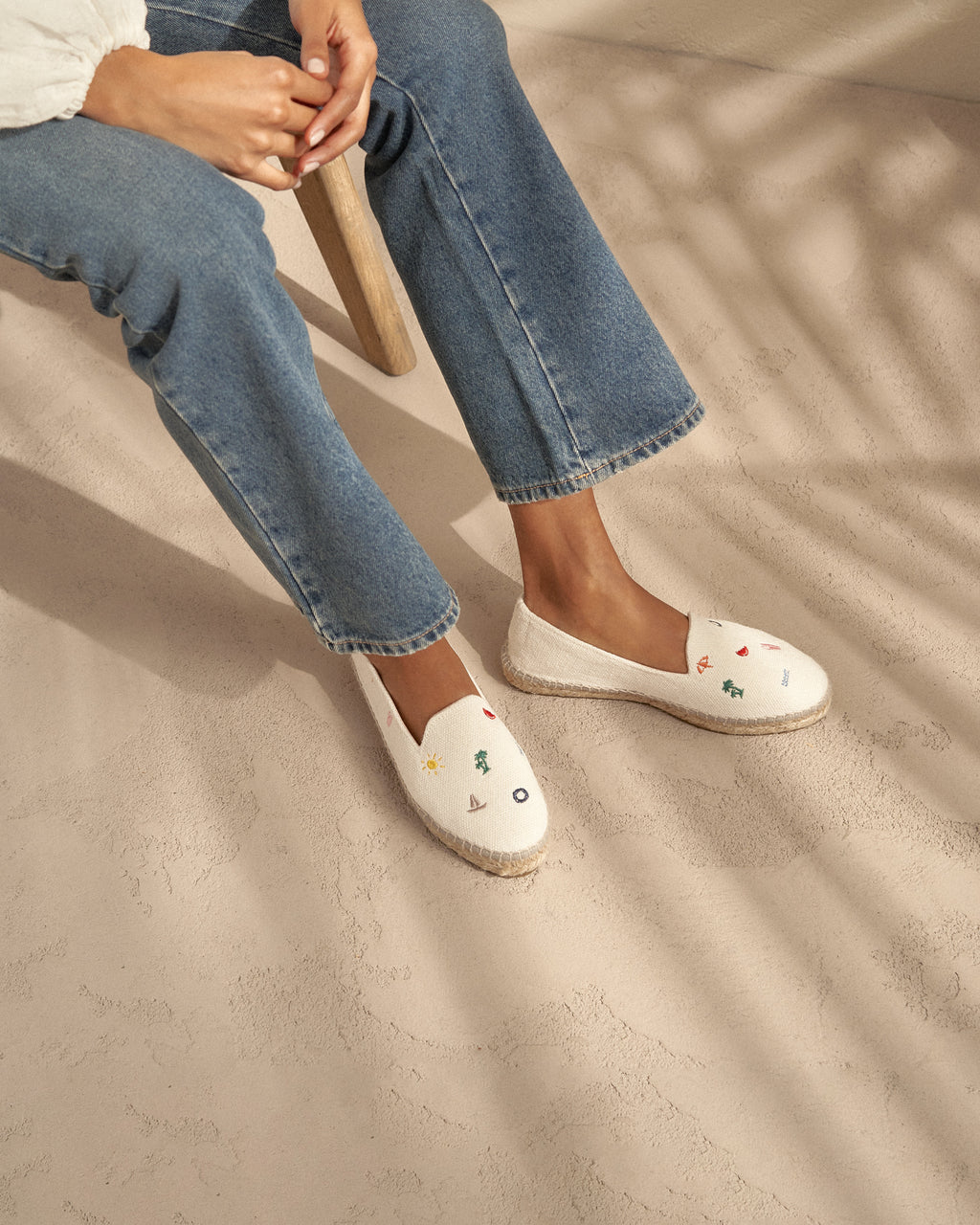 Organic Hemp With Embroidery Flat Espadrilles - Palm Springs - White & Multicolor Summer Stickers