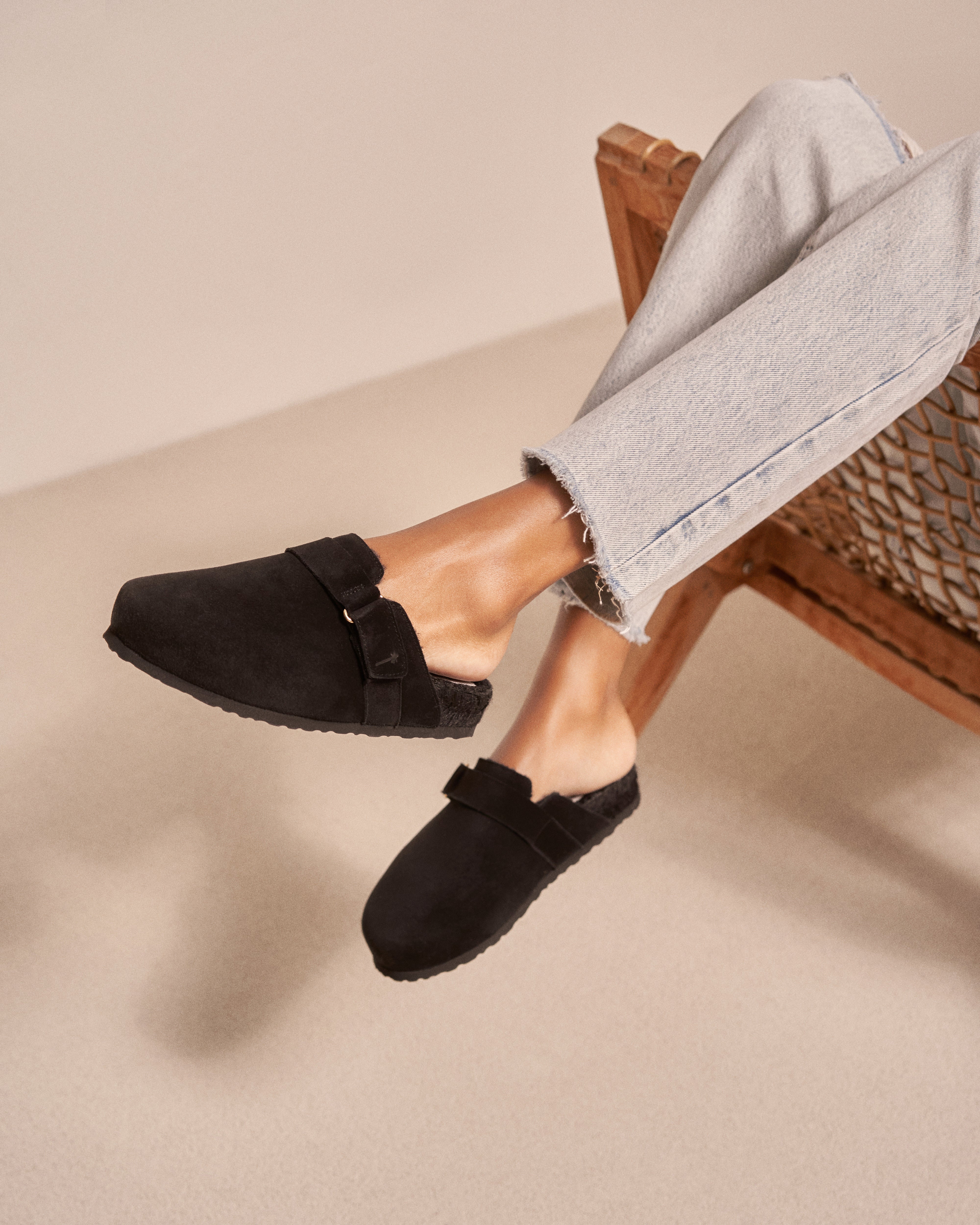 Suede And Faux Fur Clog Mules - Black