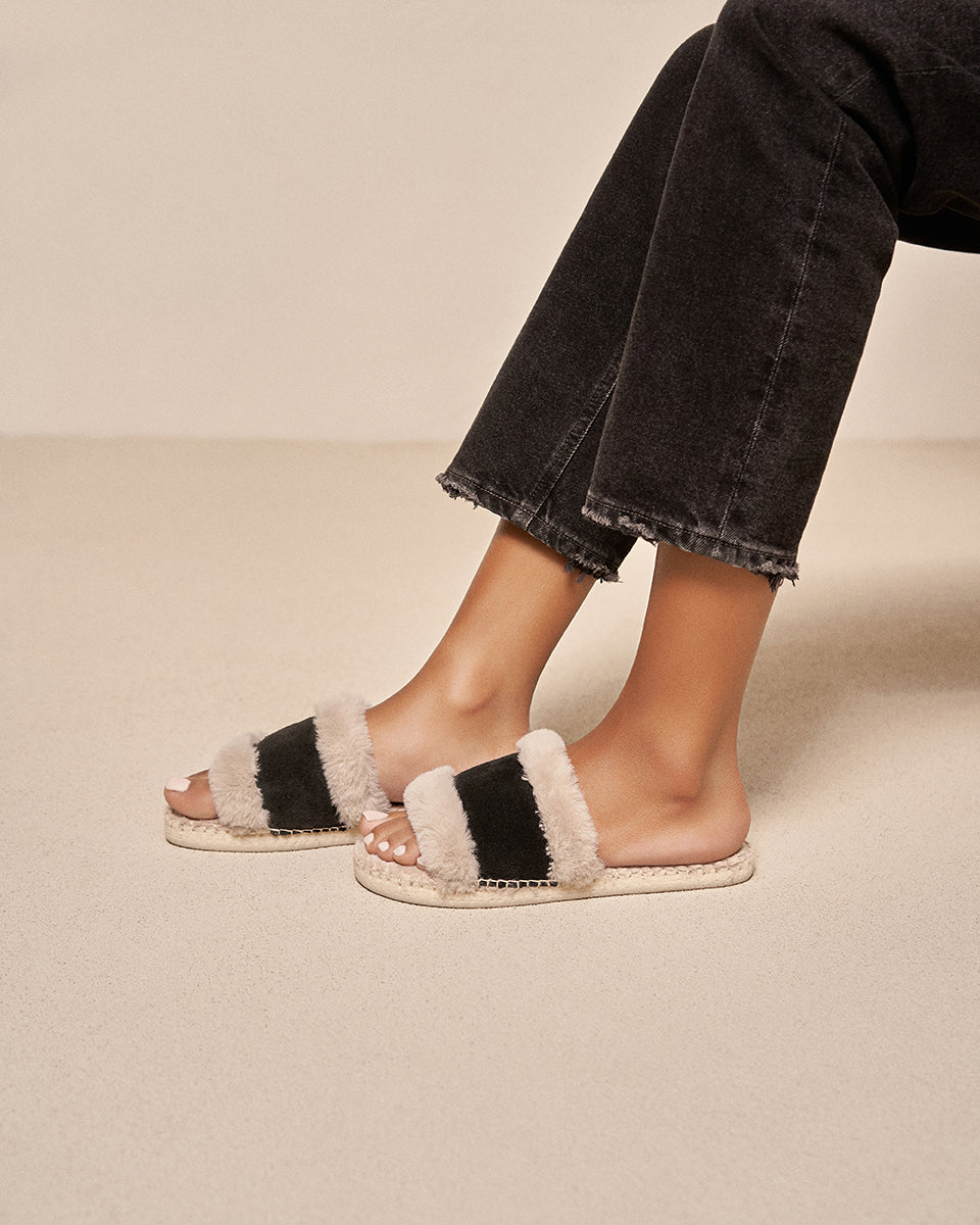 Suede And Faux Fur Flat Sandals - Cortina - Black