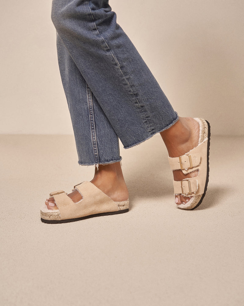 Suede And Faux Fur Nordic Sandals - Cortina - Champagne Beige with Gold Buckles