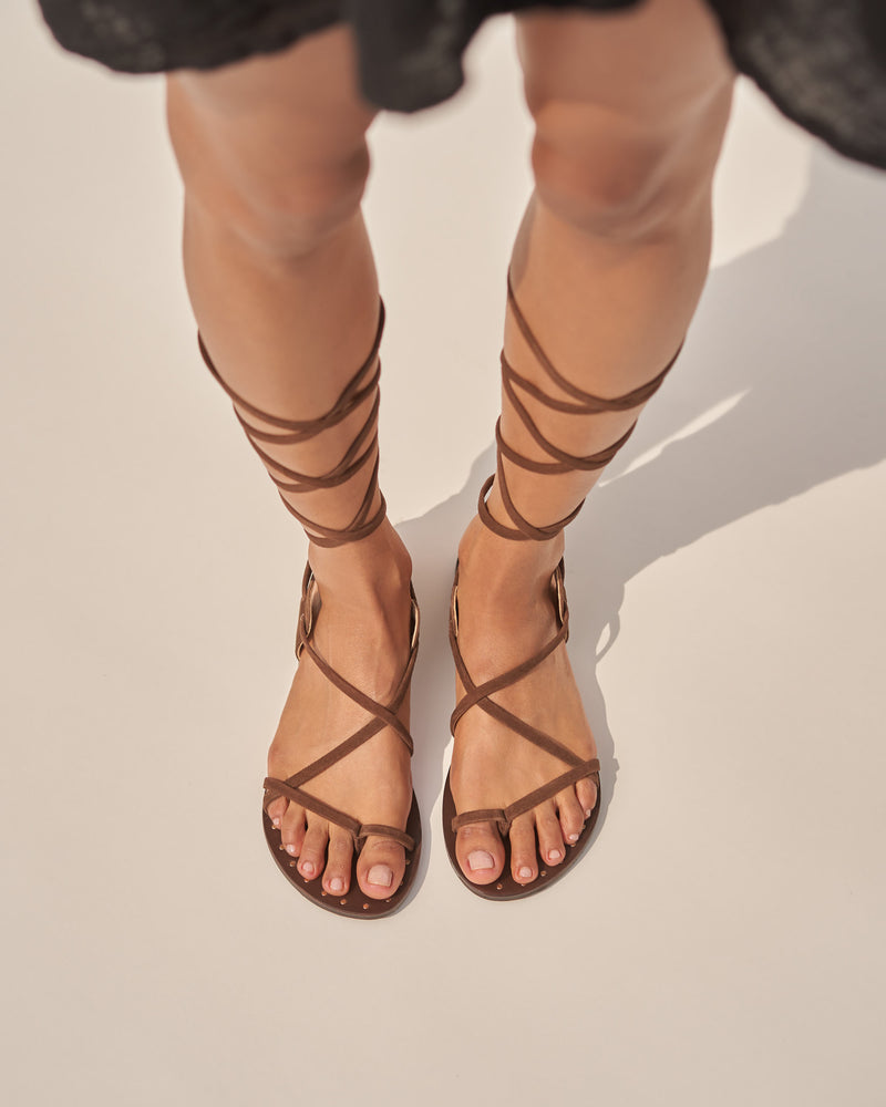 St. Tropez Tie-Up Suede Sandals - Chocolate