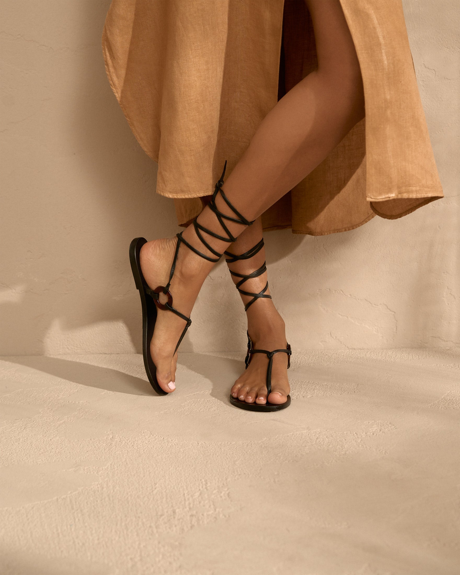 Be Leather and Resin Ring Sandals - Lace-Up - Black