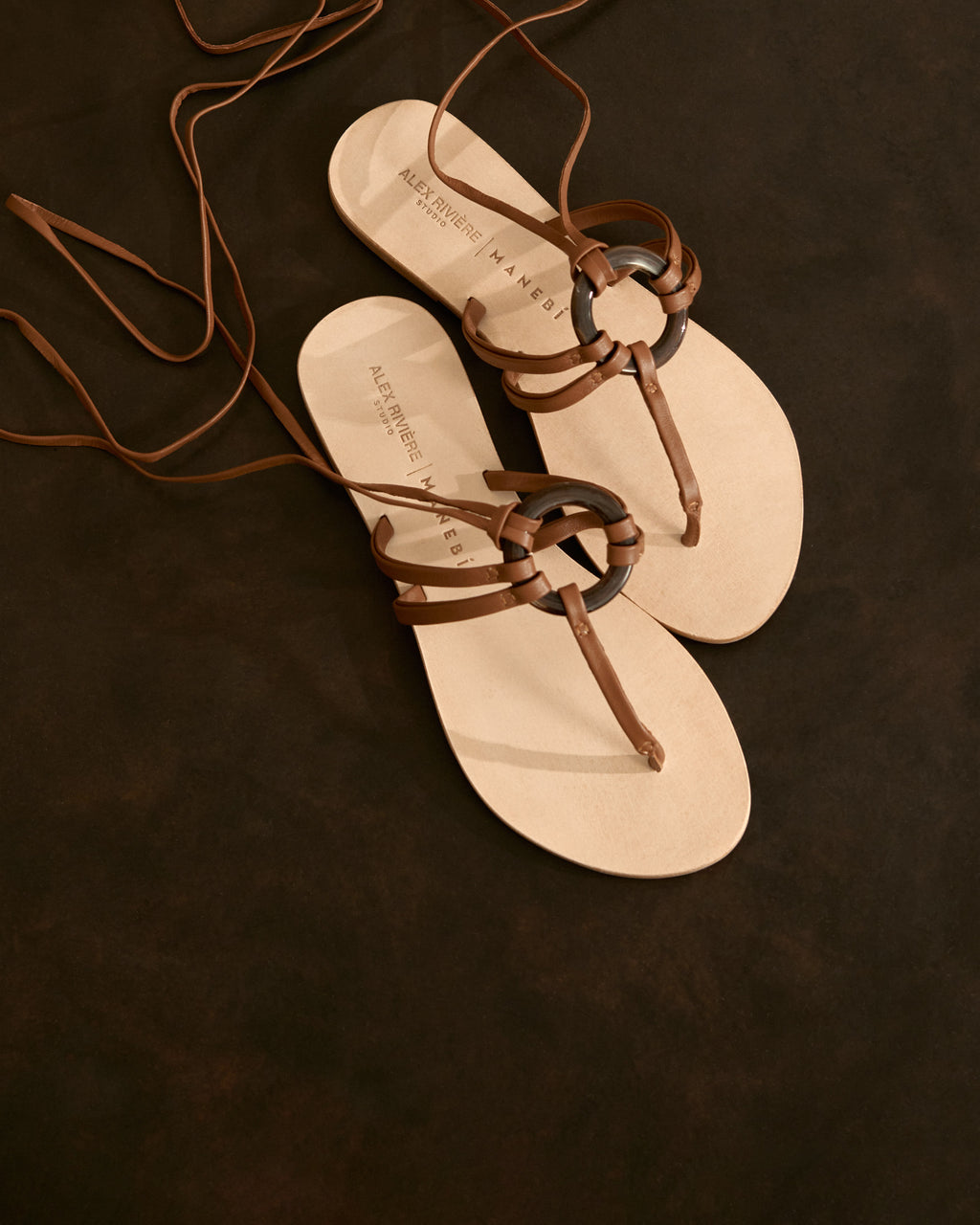 Mer Leather and Resin Ring Sandals - Lace-Up - Tan