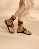 Mer Leather and Wood Effect<br />Lace-Up Ring Sandals - Women’s Sandals | 