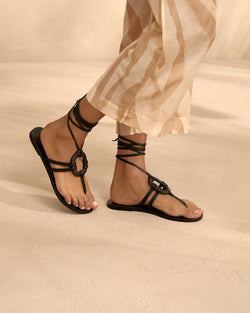 Mer Leather and Wood Effect Ring Sandals - Black
