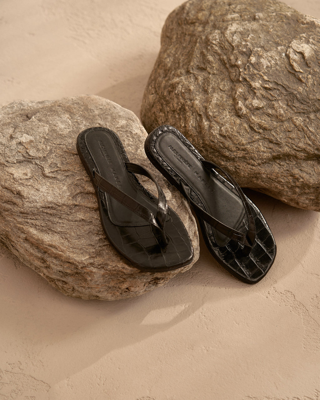 Tania Croco Embossed Leather Sandals - Thongs - Black