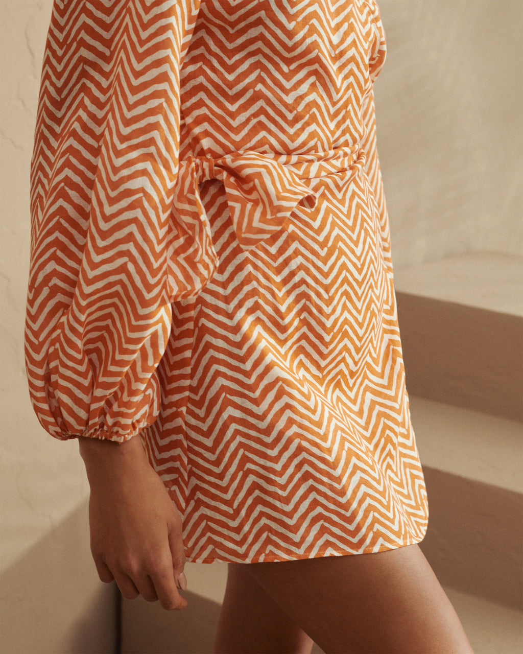 Printed Linen Biarritz Dress - Wraparound Design - Orange White Chevron