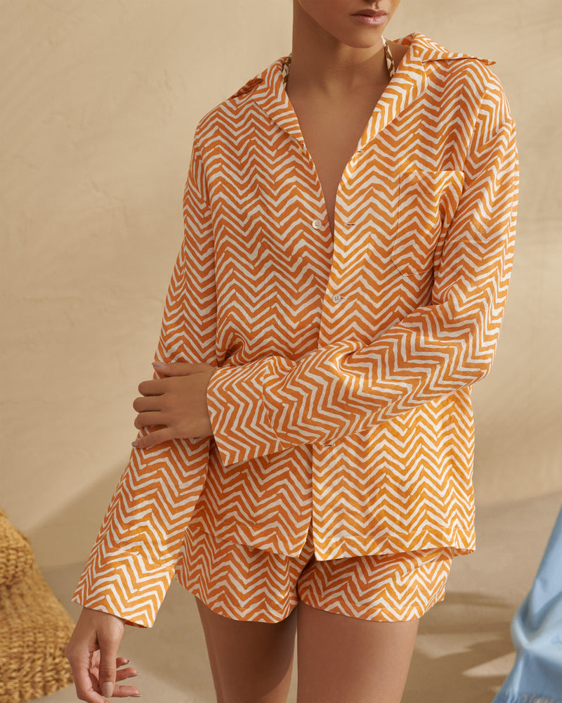 Printed Linen Natal Shirt - Single patch breast pocket - Orange White Chevron