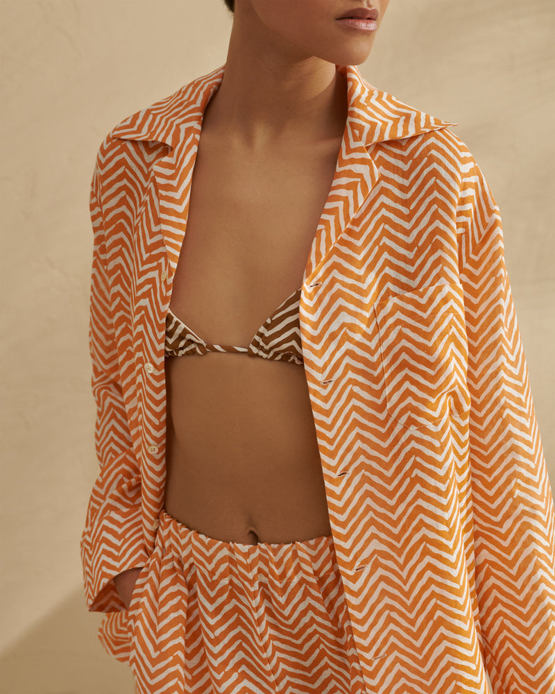 Printed Linen Natal Shirt - Single patch breast pocket - Orange White Chevron