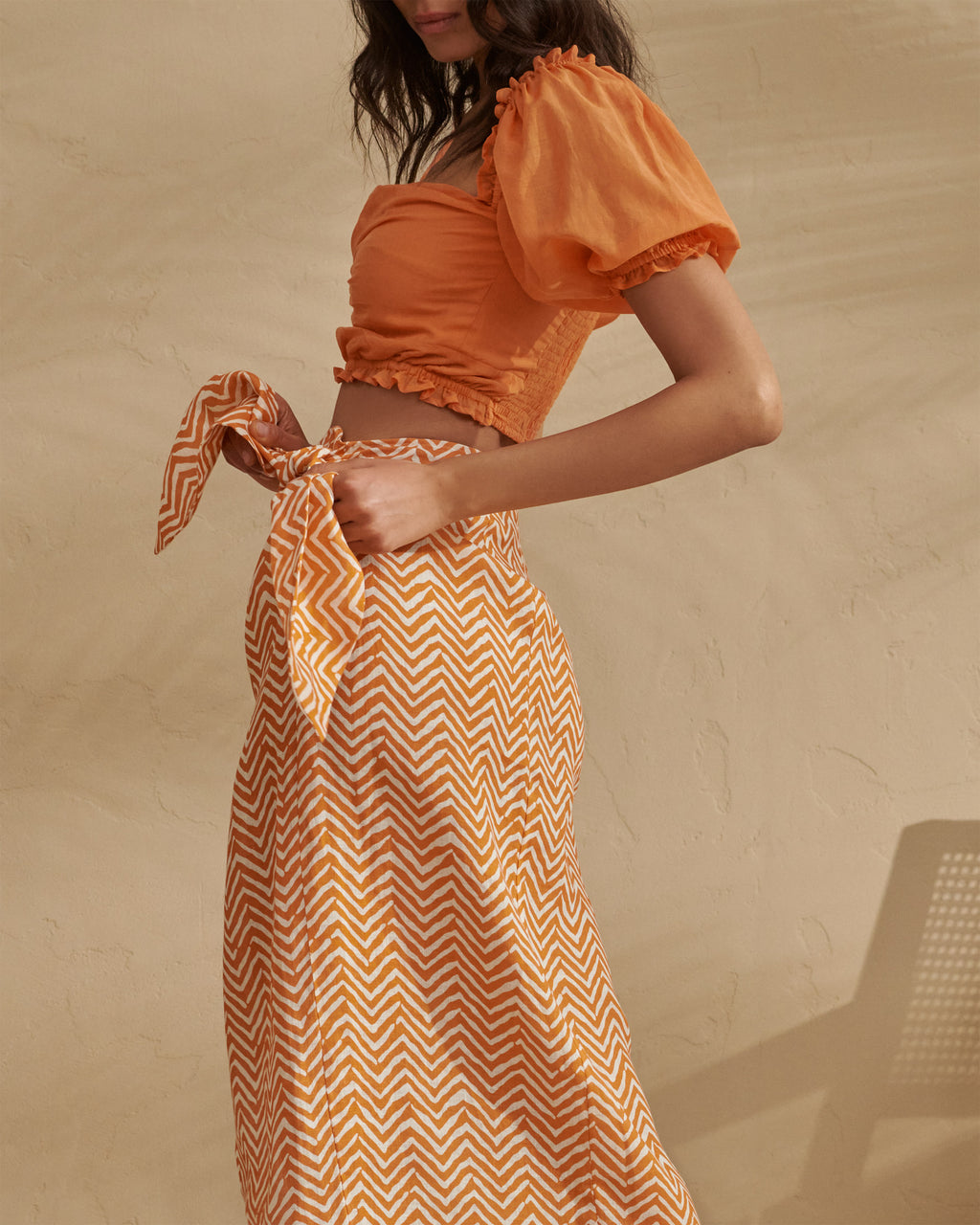 Printed Linen Lencois Skirt - Wraparound design with knot - Orange White Chevron
