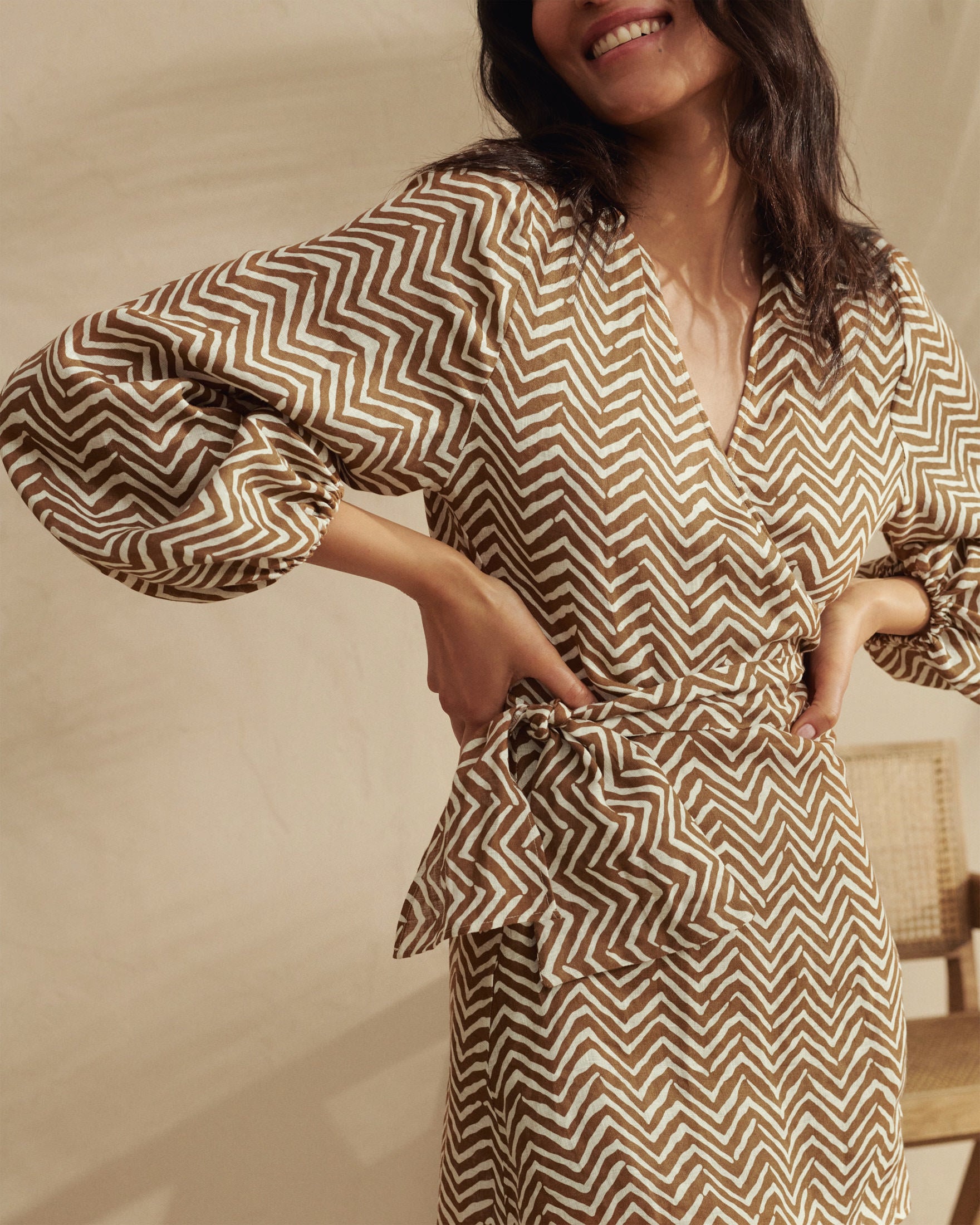 Printed Linen Biarritz Dress - Wraparound Design - Brown Sugar White Chevron