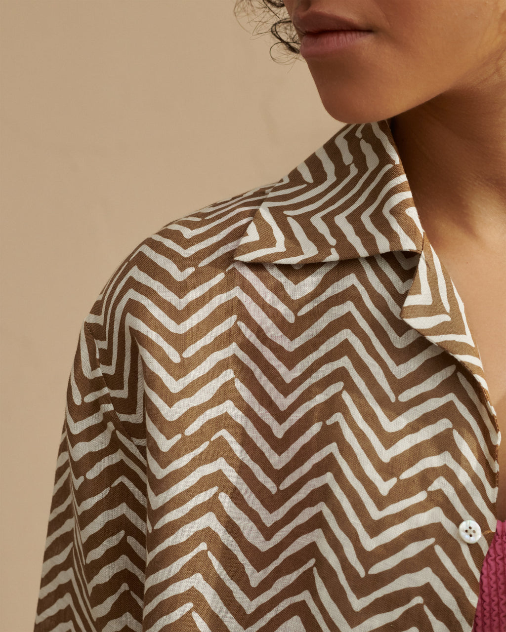 Printed Linen Natal Shirt - Single patch breast pocket - Brown Sugar White Chevron