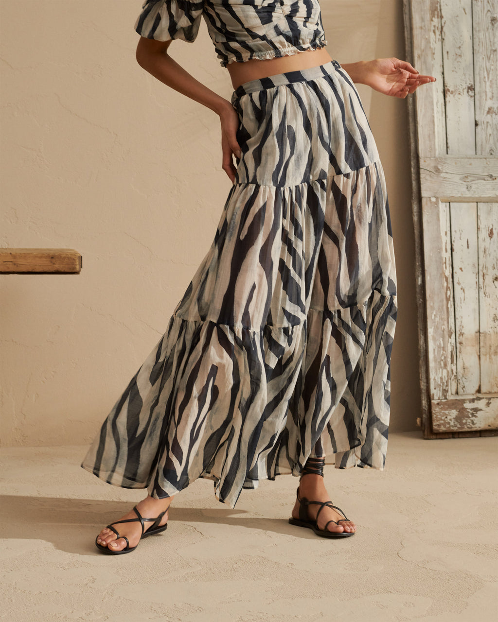 Printed Silk Cotton Voile Recife Skirt - With Ruffles - Black Off White Maxi Zebra