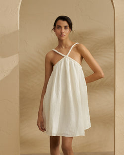 Pasadina - Linen Gauze - Braided Halterneck Mini Dress - White