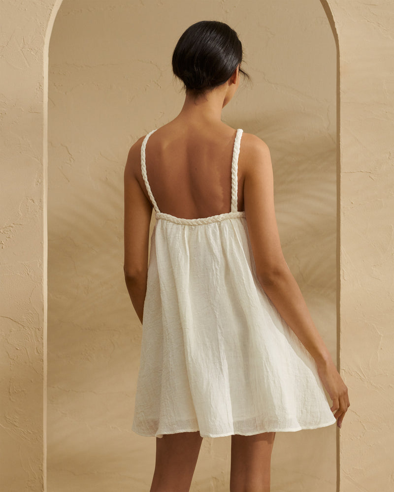 Pasadina - Linen Gauze - Braided Halterneck Mini Dress - White