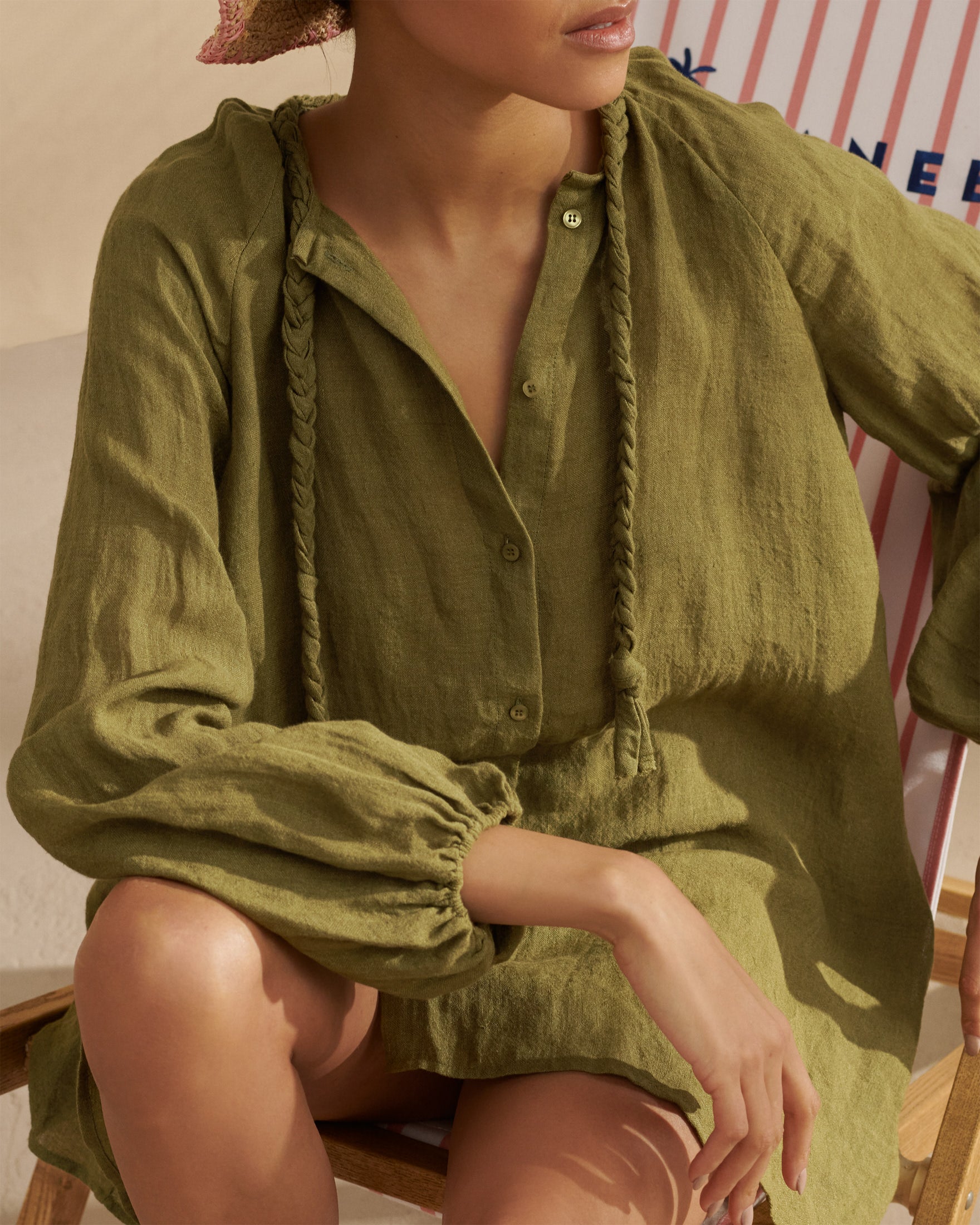 Linen Gauze Ibiza Dress - Hand Braided Cord - Kaki Green