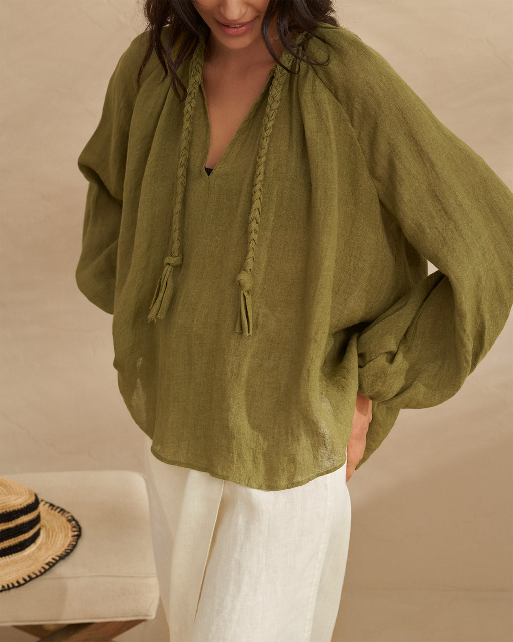 Linen Gauze Mykonos Shirt - Hand Braided Cord - Kaki Green