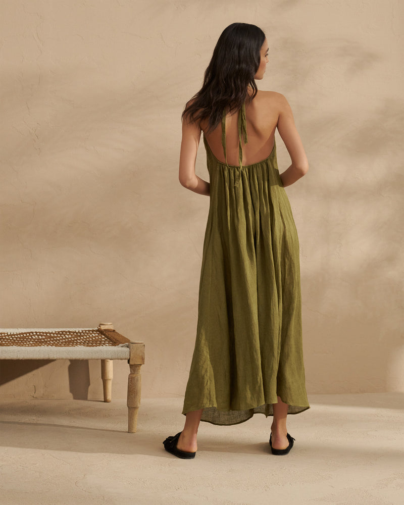 Linen Gauze Tulum Dress - Kaki Green