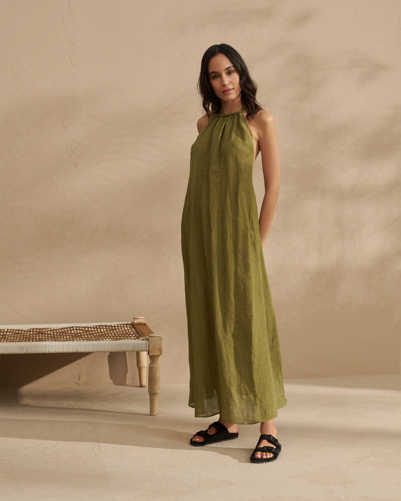 Linen Gauze Tulum Dress - Kaki Green