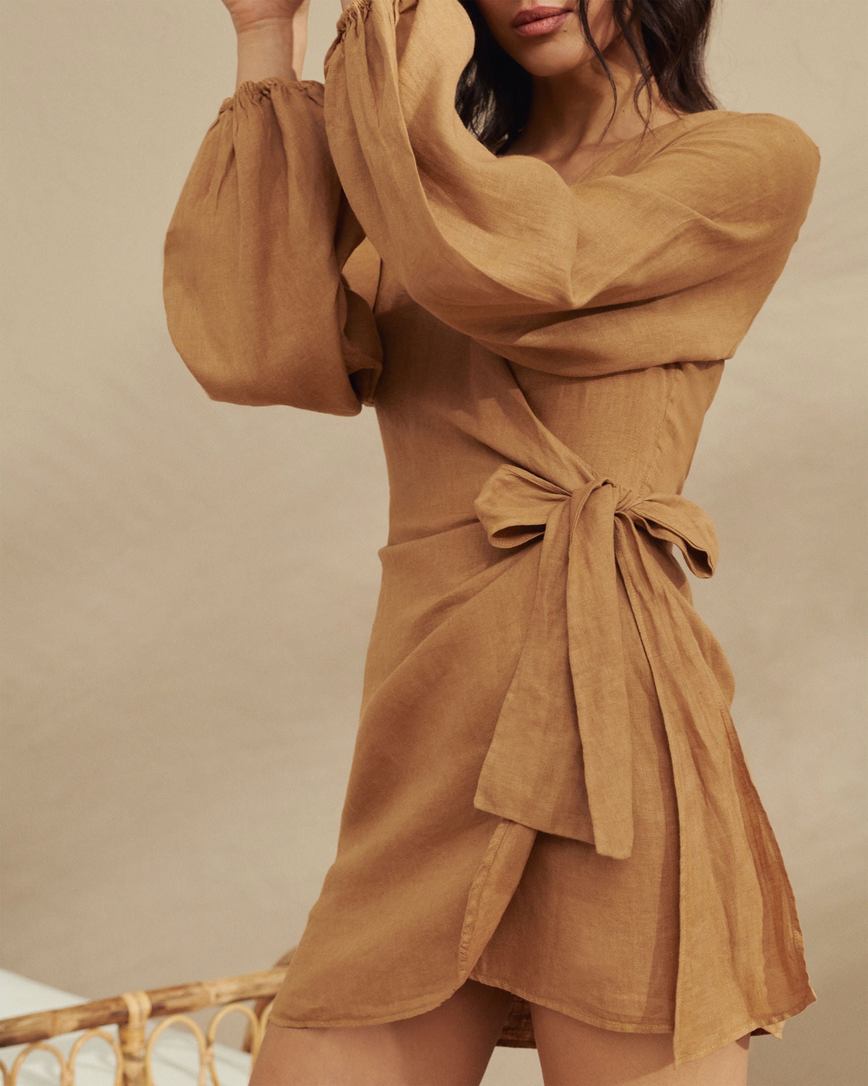 Linen Biarritz Dress - Wraparound Design - Brown Sugar