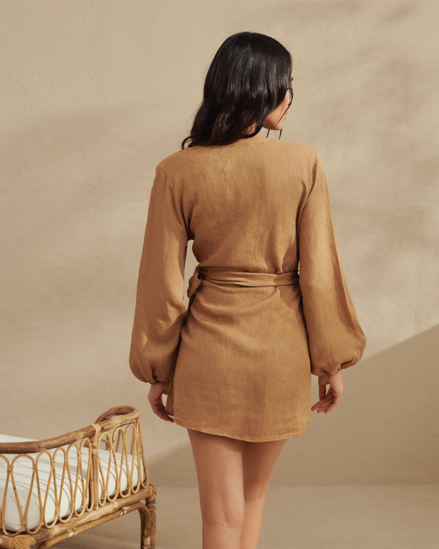 Linen Biarritz Dress - Wraparound Design - Brown Sugar