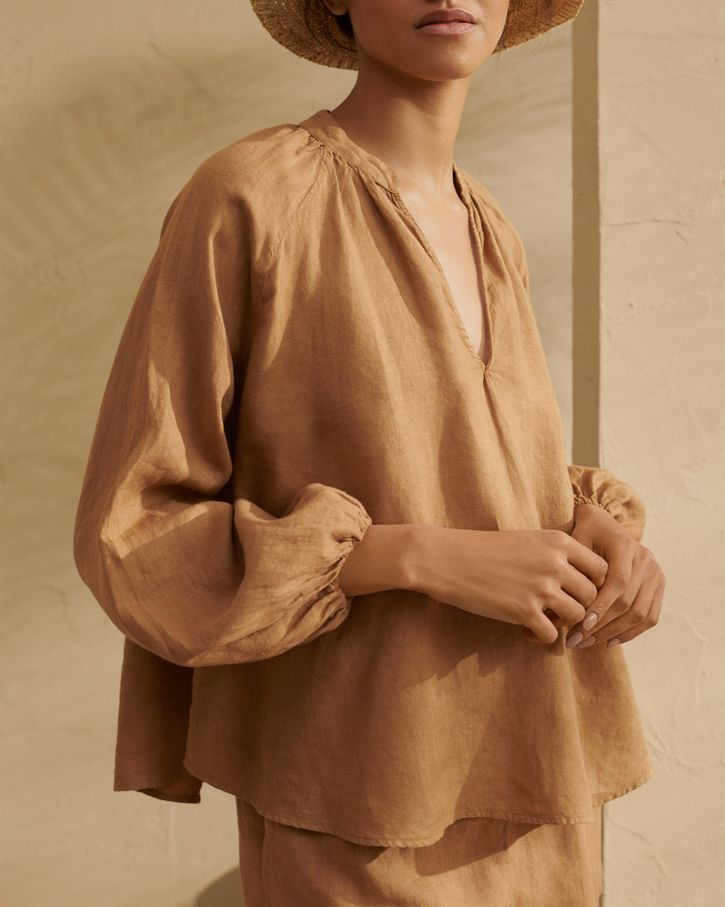 Linen Milos Shirt - Puffed Sleeves - Brown Sugar