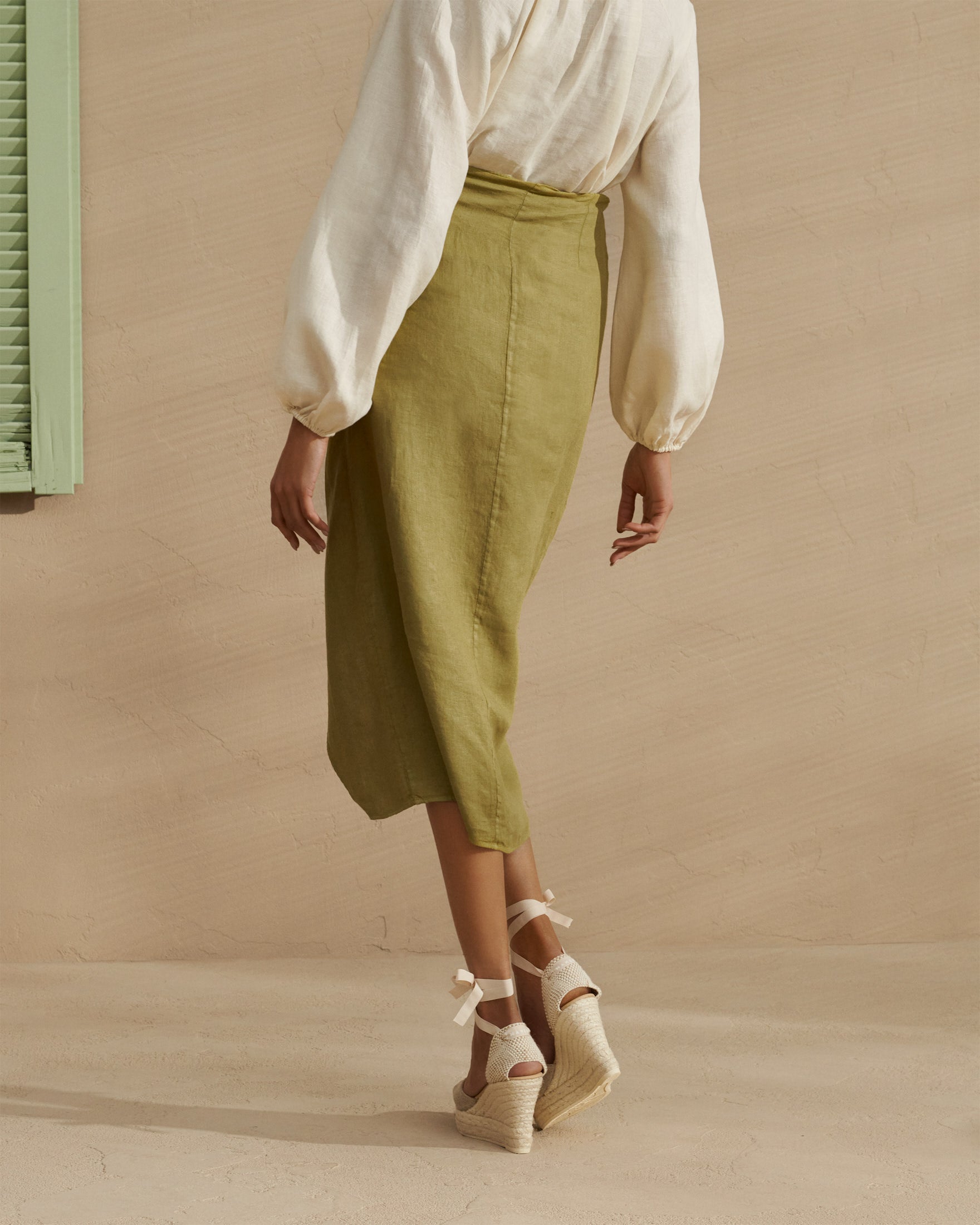 Linen Lencois Skirt - Wraparound design with knot - Kaki Green