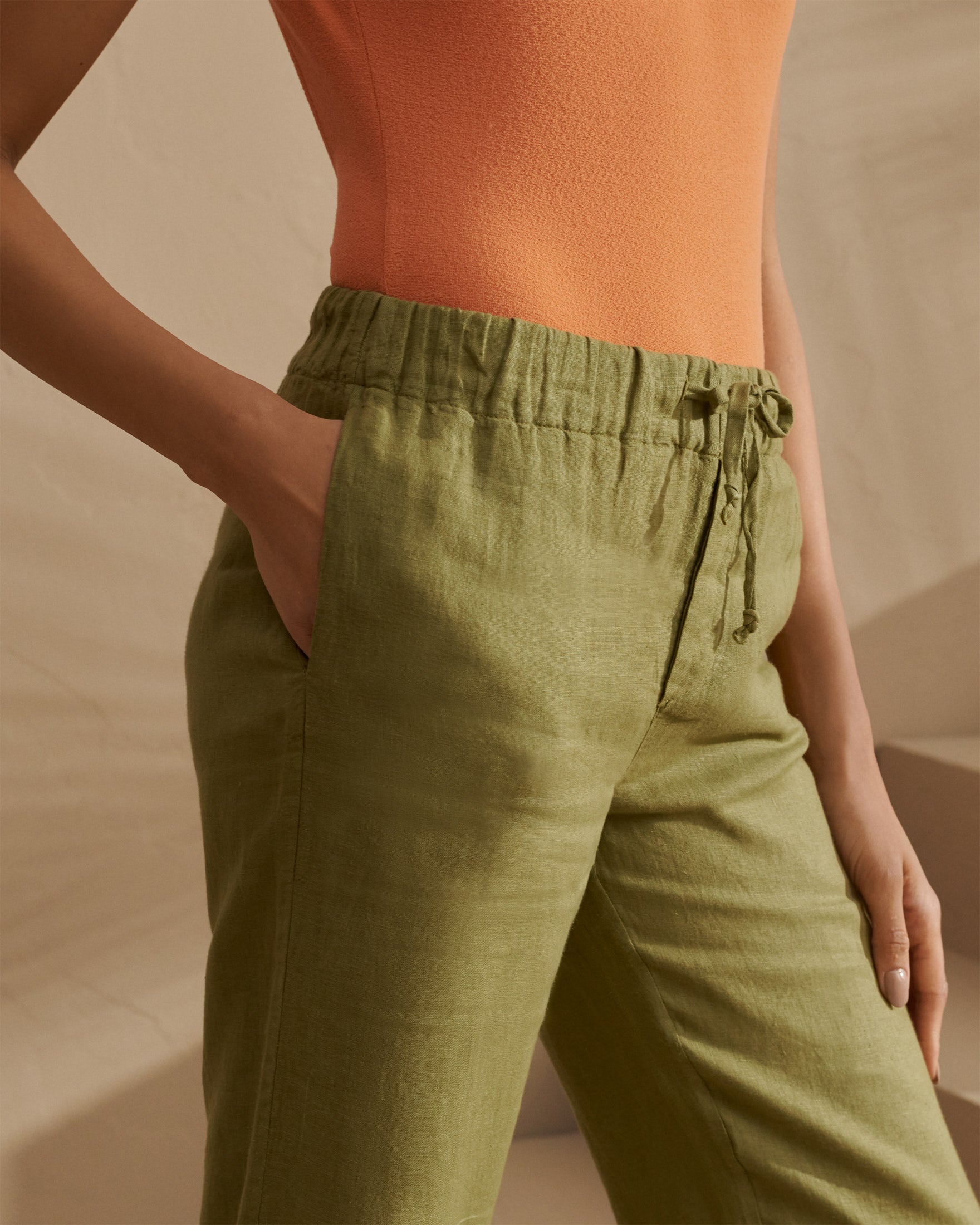 Linen Belem Trousers - Elasticated Waistband - Kaki Green