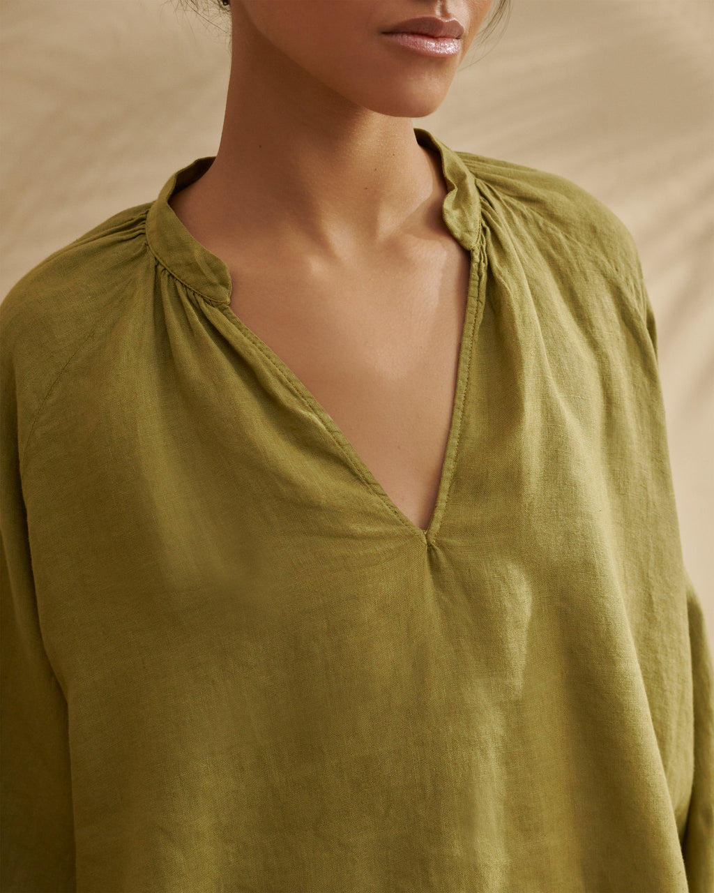 Linen Milos Shirt - Puffed Sleeves - Kaki Green