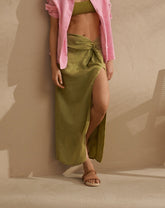Linen Trancoso Skirt - Kaki Green | 