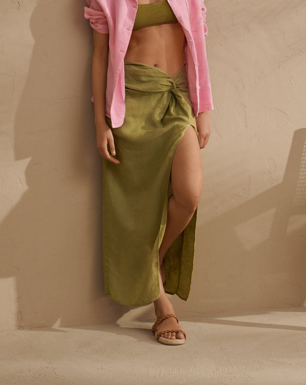 Linen Trancoso Skirt - With Lateral Slit - Kaki Green