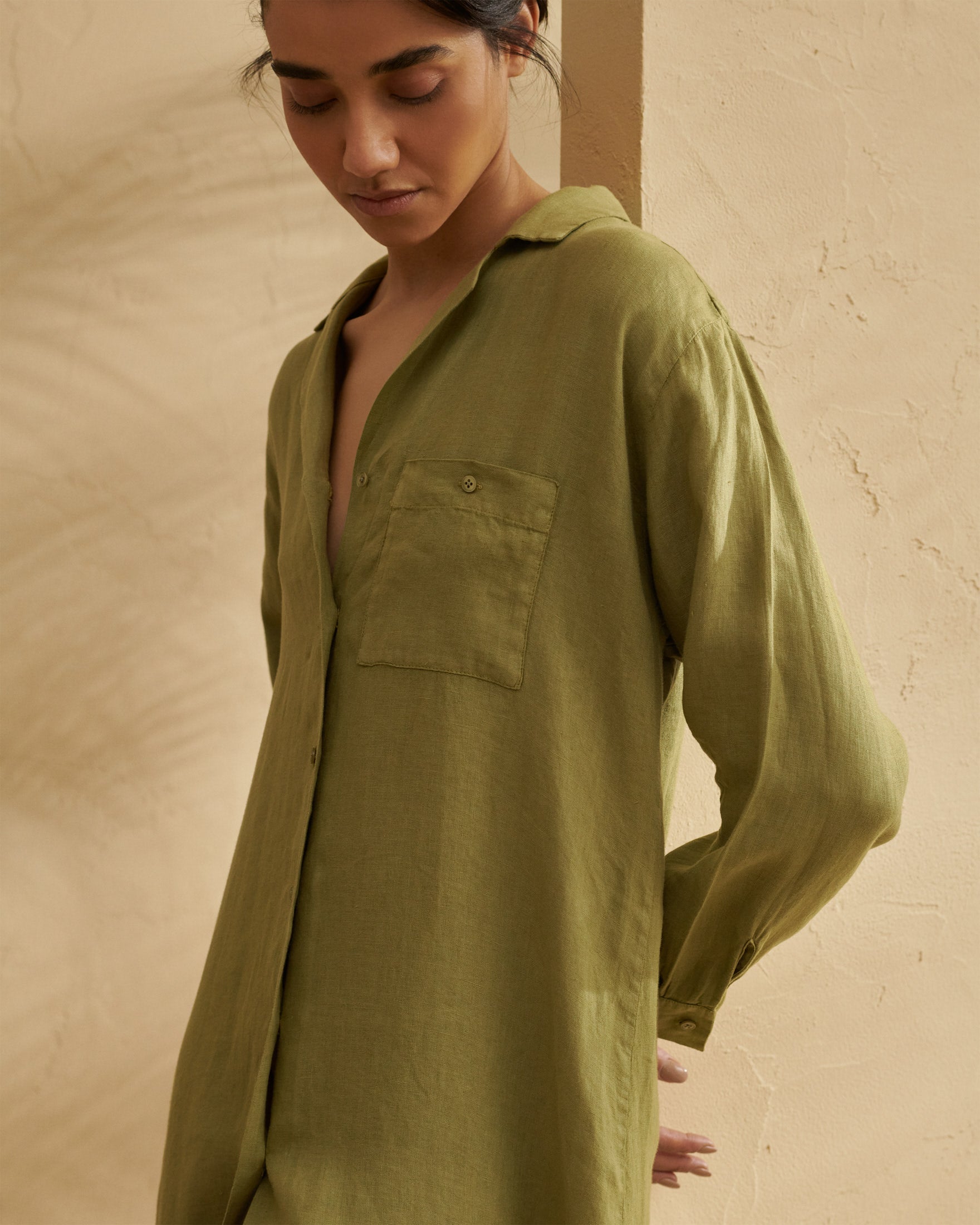 Linen Portofino Dress - Chemisier Style - Kaki Green