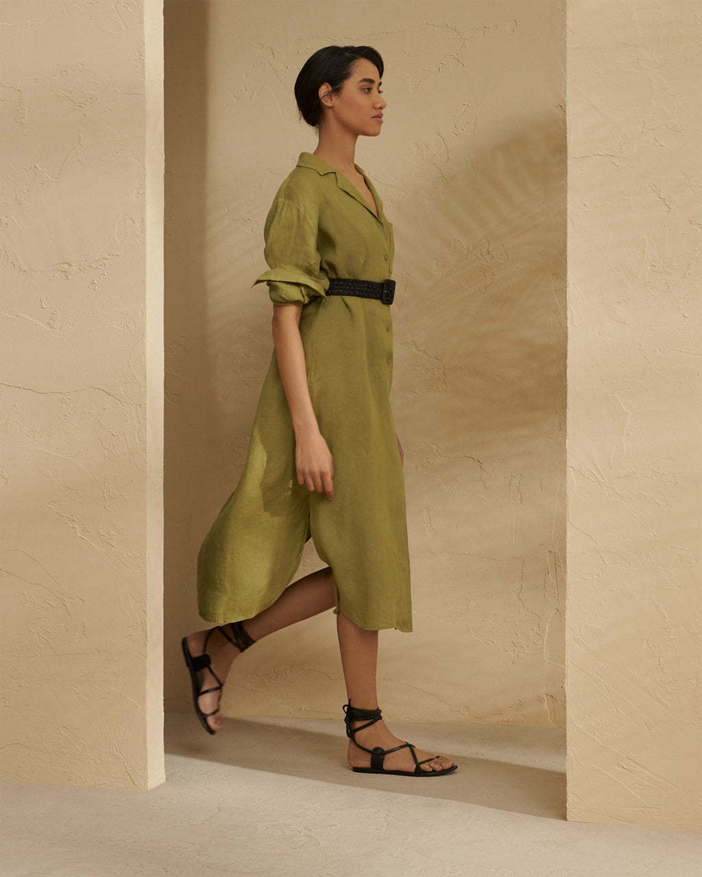 Linen Portofino Dress - Chemisier Style - Kaki Green