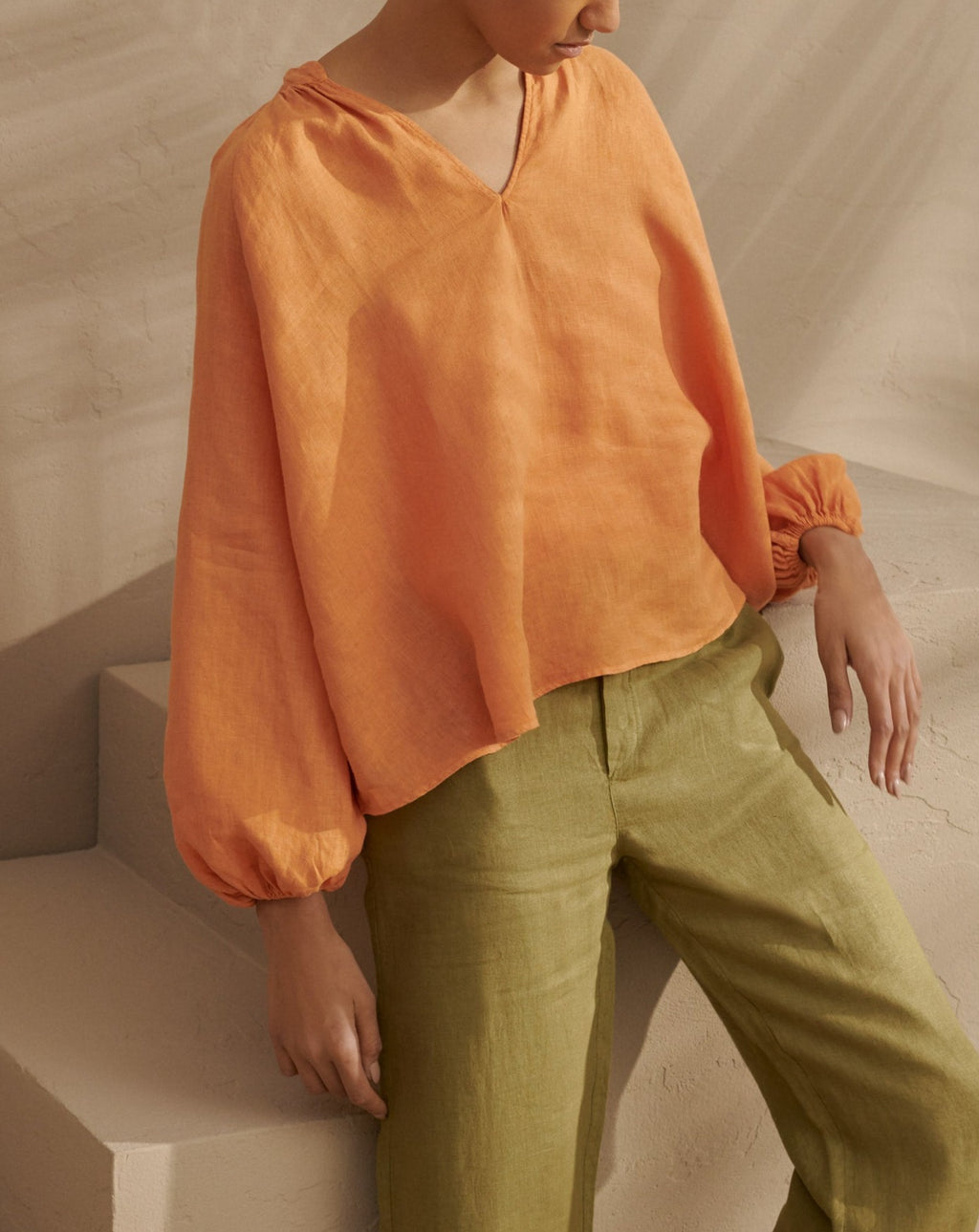 Linen Milos Shirt - Puffed Sleeves - Orange