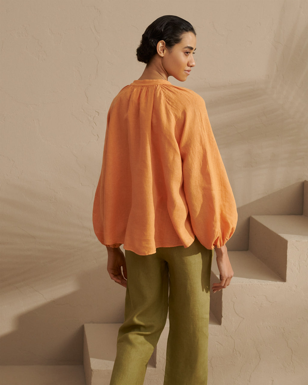 Linen Milos Shirt - Puffed Sleeves - Orange