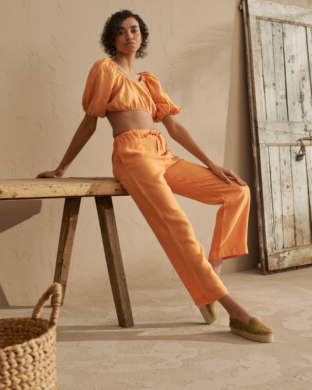 Linen Belem Trousers - Elasticated Waistband - Orange