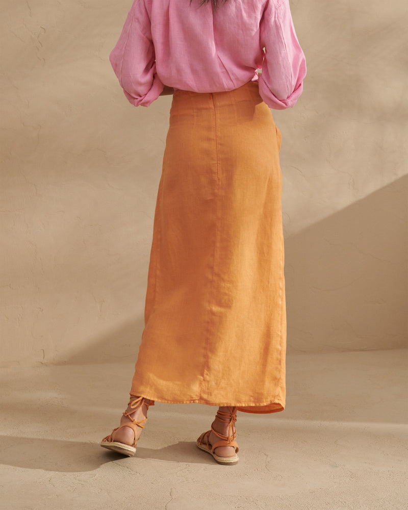 Linen Trancoso Skirt - With Lateral Slit - Orange