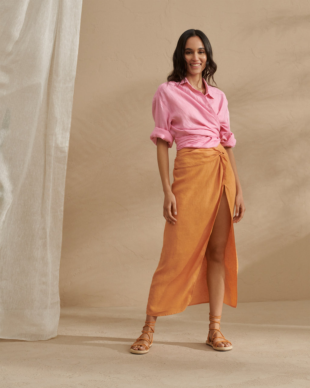 Linen Trancoso Skirt - With Lateral Slit - Orange