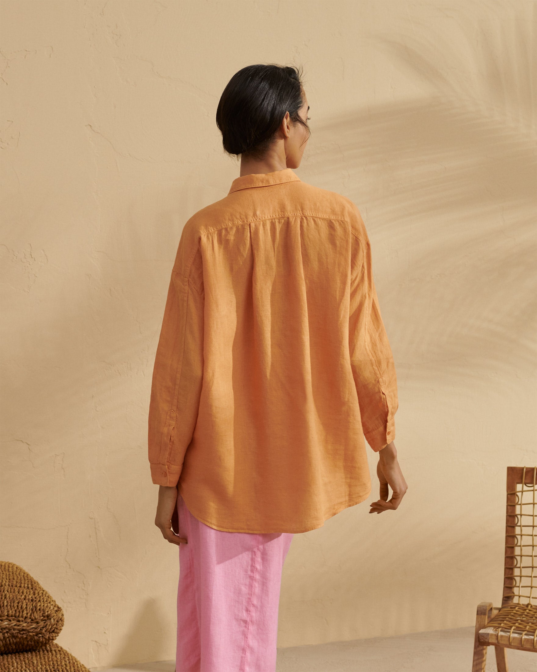 Linen Patmos Shirt - Oversize Fit with Pointed Collar - Orange
