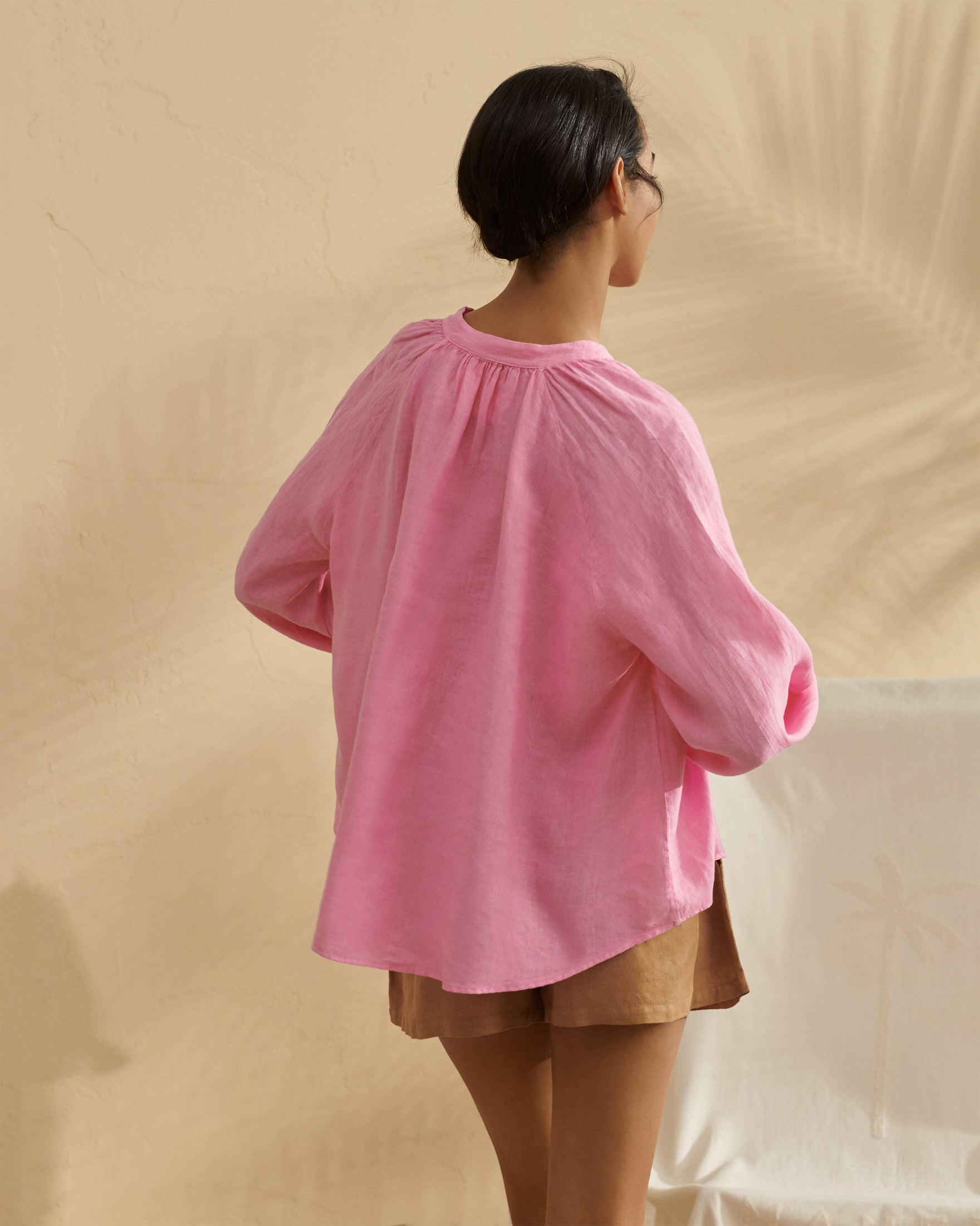 Linen Milos Shirt - Puffed Sleeves - Begonia