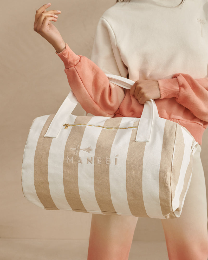 Canvas Weekend Bag - Embroidered Logo - White And Beige Stripes